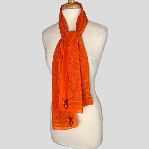 Effy Hematian Silk Scarf with Panther and Geometric Print Orange Rectangle 58x17 - Picture 1 of 9